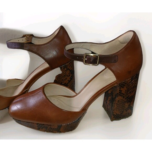 Clarks Mary Janes clogs Brown Leather Platform Straps Snakeskin Block Heel 9 M - Picture 8 of 16